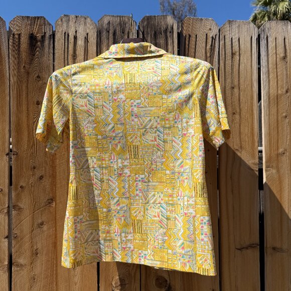 Vintage 70s Bright Yellow Geometric Printed Dagger Collar Button Down Shirt LG - Picture 10 of 12